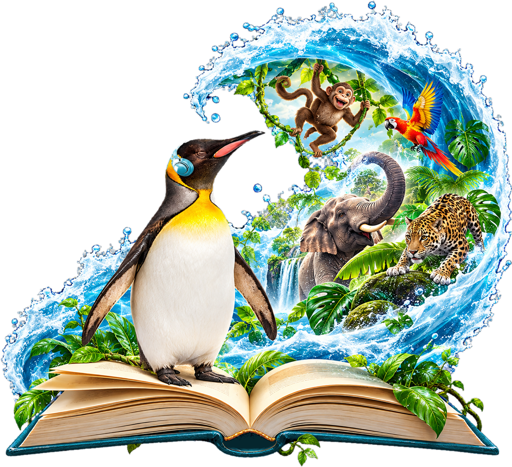 Aufgeschlagenes Buch, aus dem eine Welle mit Dschungeltieren wächst, davor ein Pinguin mit Kopfhörern: Hörbücher machen Geschichten erlebbar