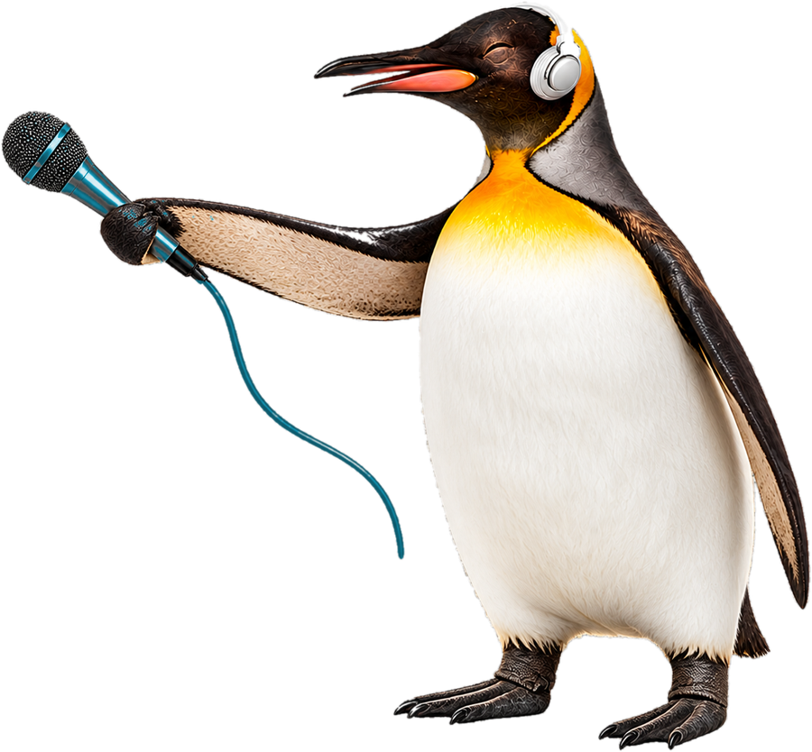 Pinguin mit Mikrofon und Kopfhörern